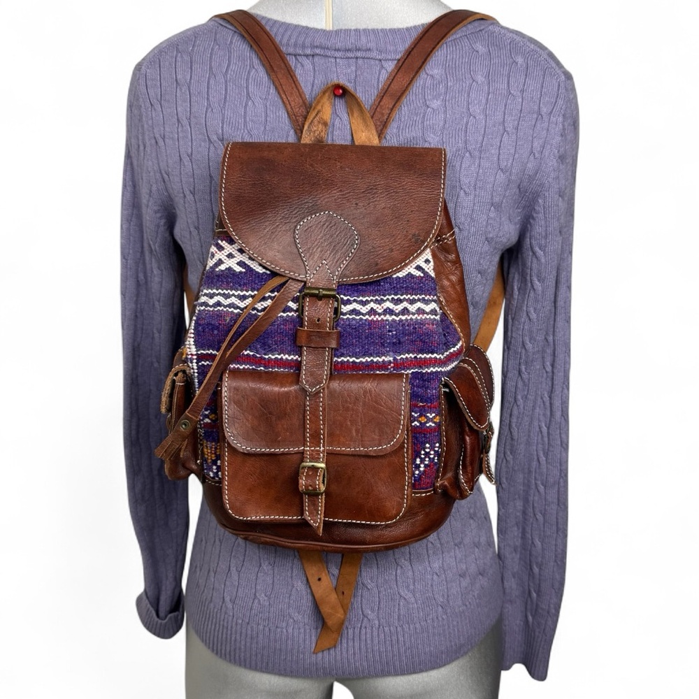 Handmade Vintage Style Boho Aztec Leather & Kilim backpack